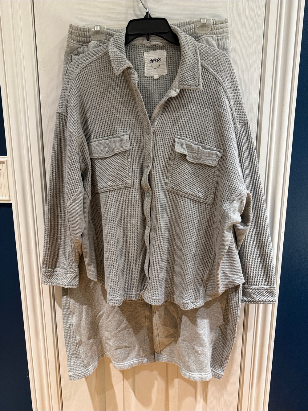 aerie Women's Light Gray Waffle Knit Button-Down Shirt and Sweatpants